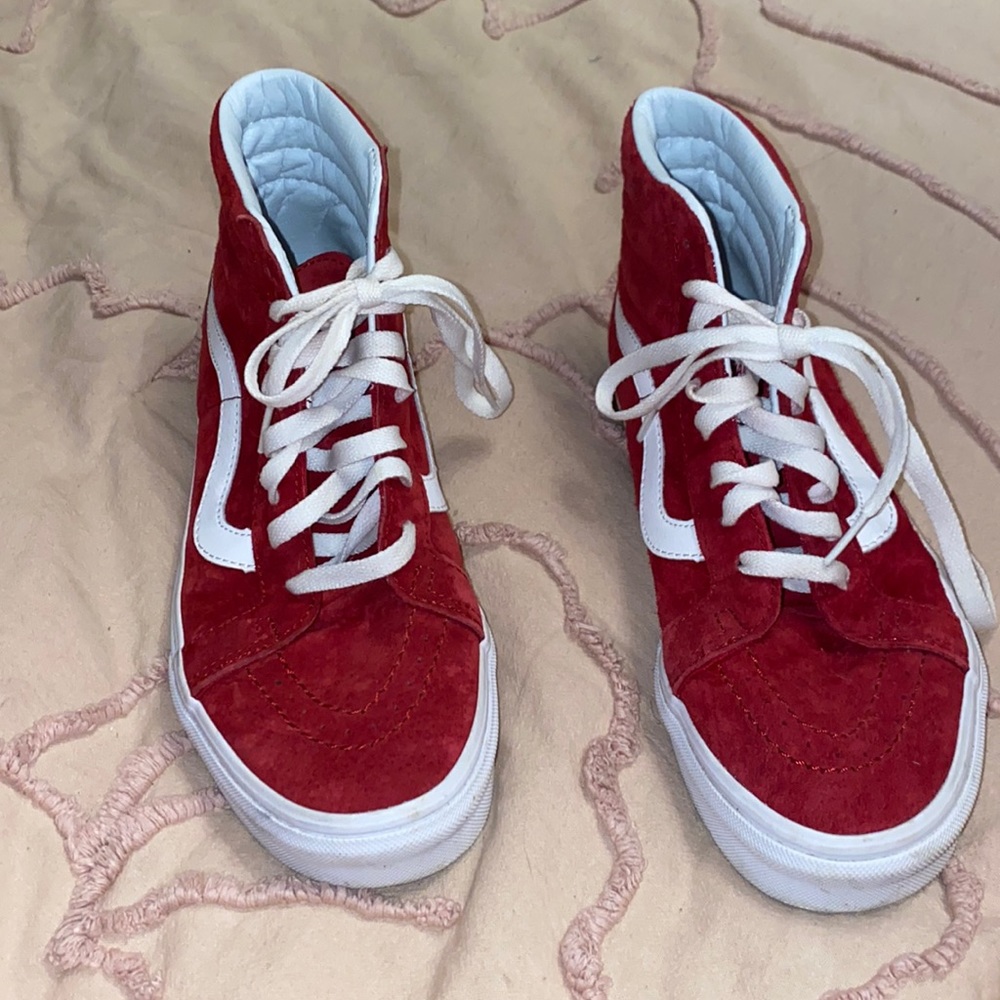Vans red high top suede